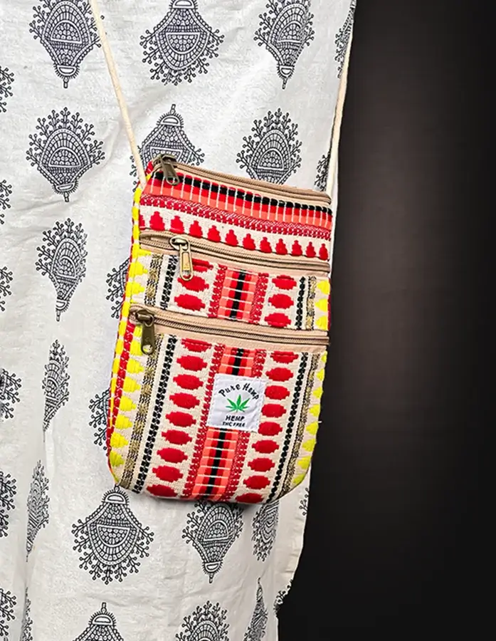 Buy Handcrafted Red and Yellow Hemp Blend Sling Bag