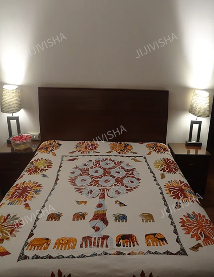 Buy Cotton Handcrafted Elephant and Tree Patch work Bedcover Online