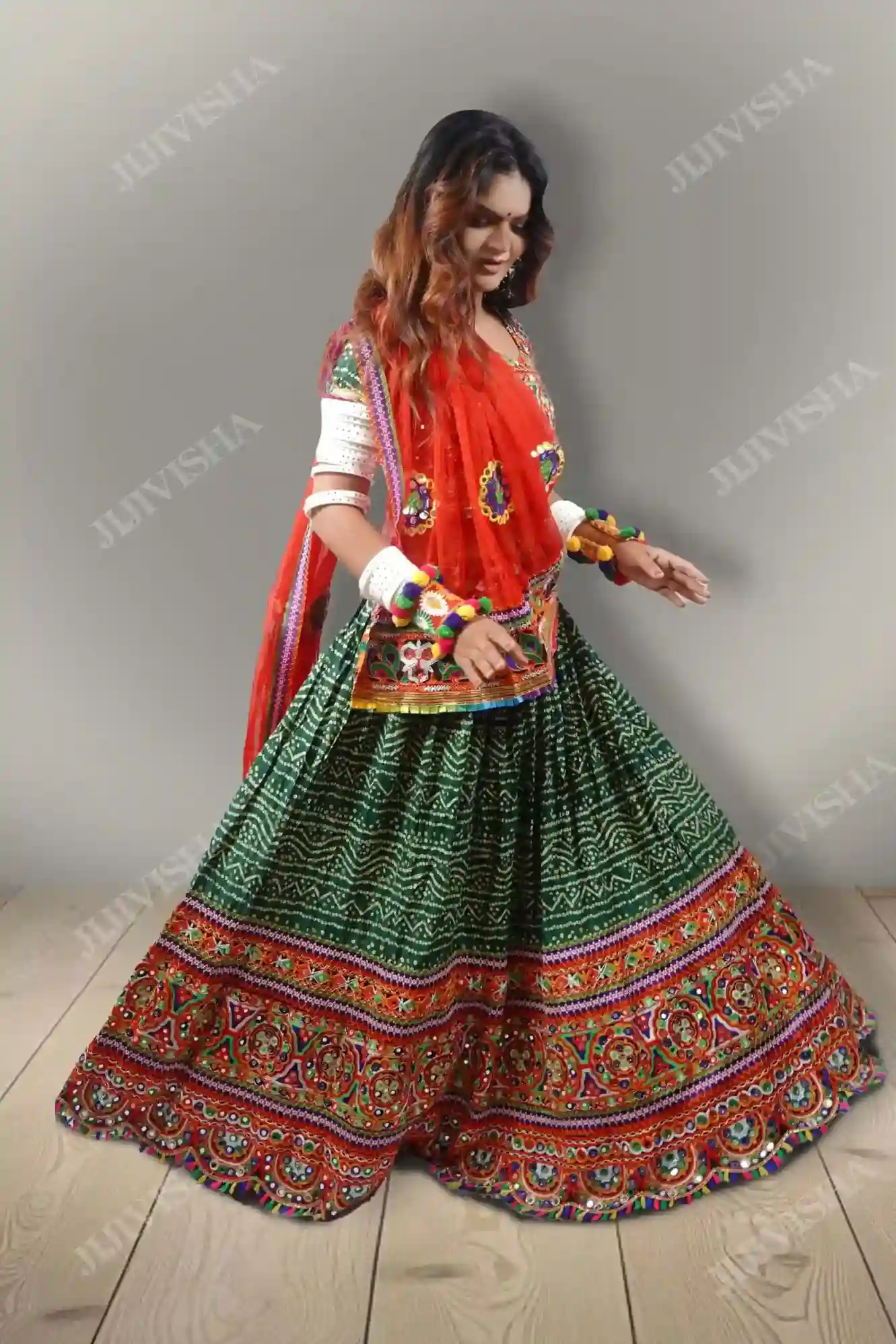 Buy Vibrant Green Bandhej Lehenga Set Online