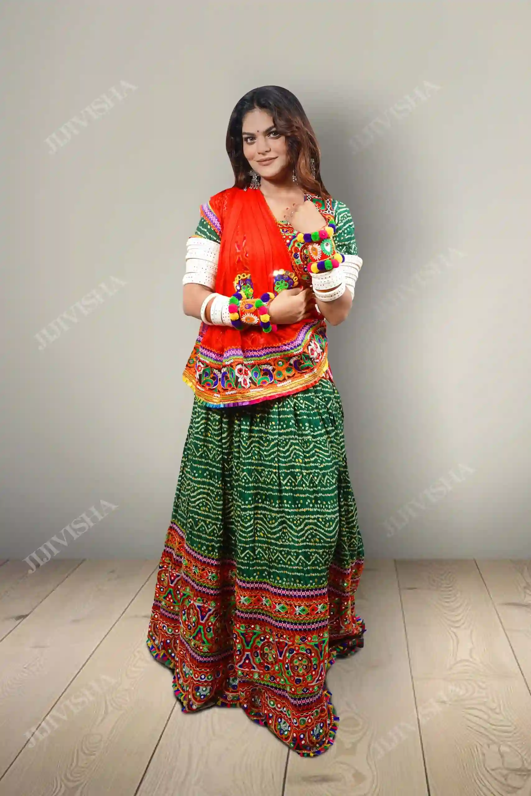 Buy Vibrant Green Bandhej Lehenga Set Online