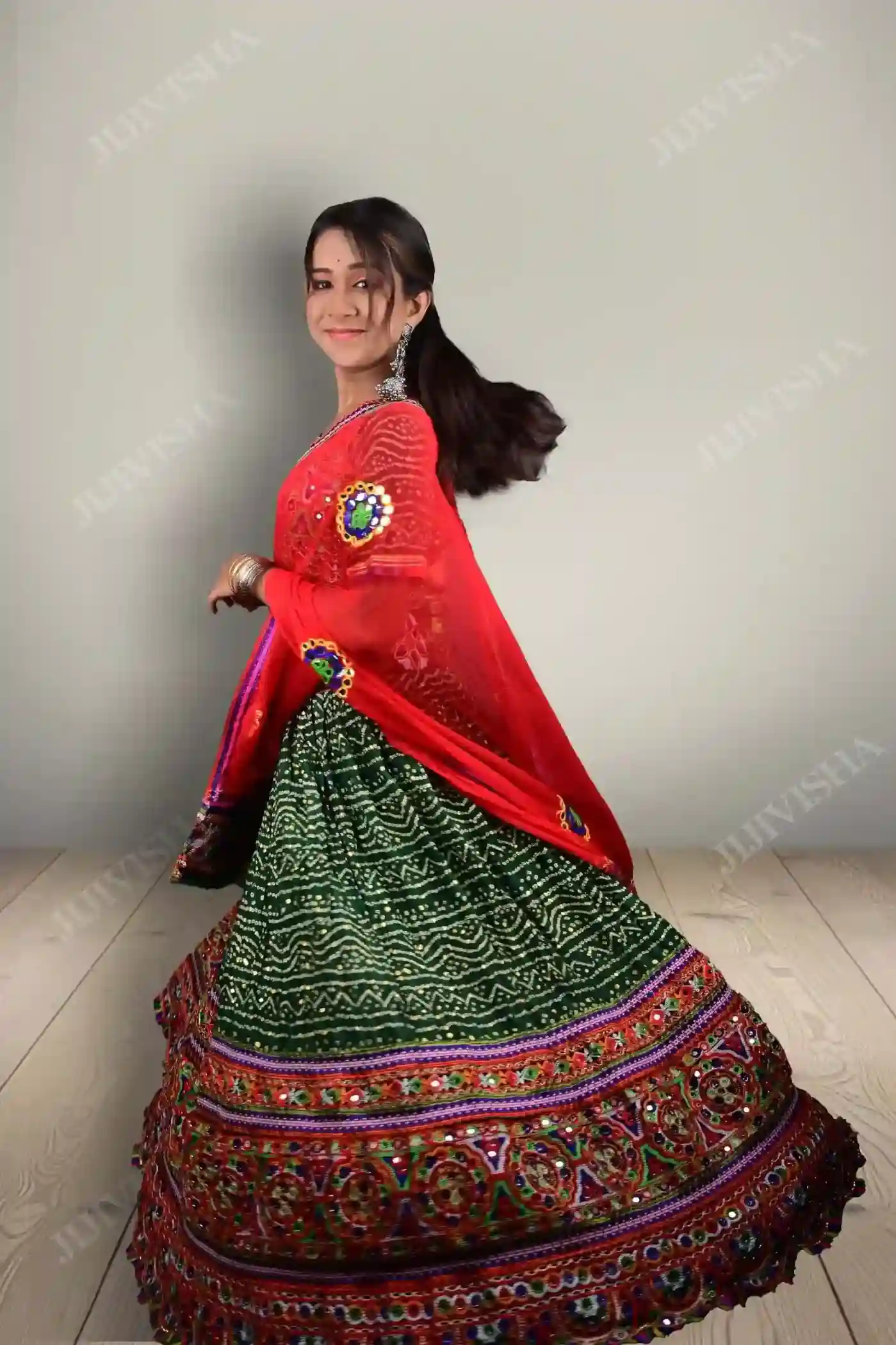 Buy Vibrant Green Bandhej Lehenga Set Online