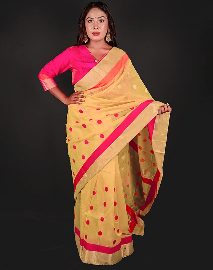 Peeli Yellow Pink Chanderi Silk Saree