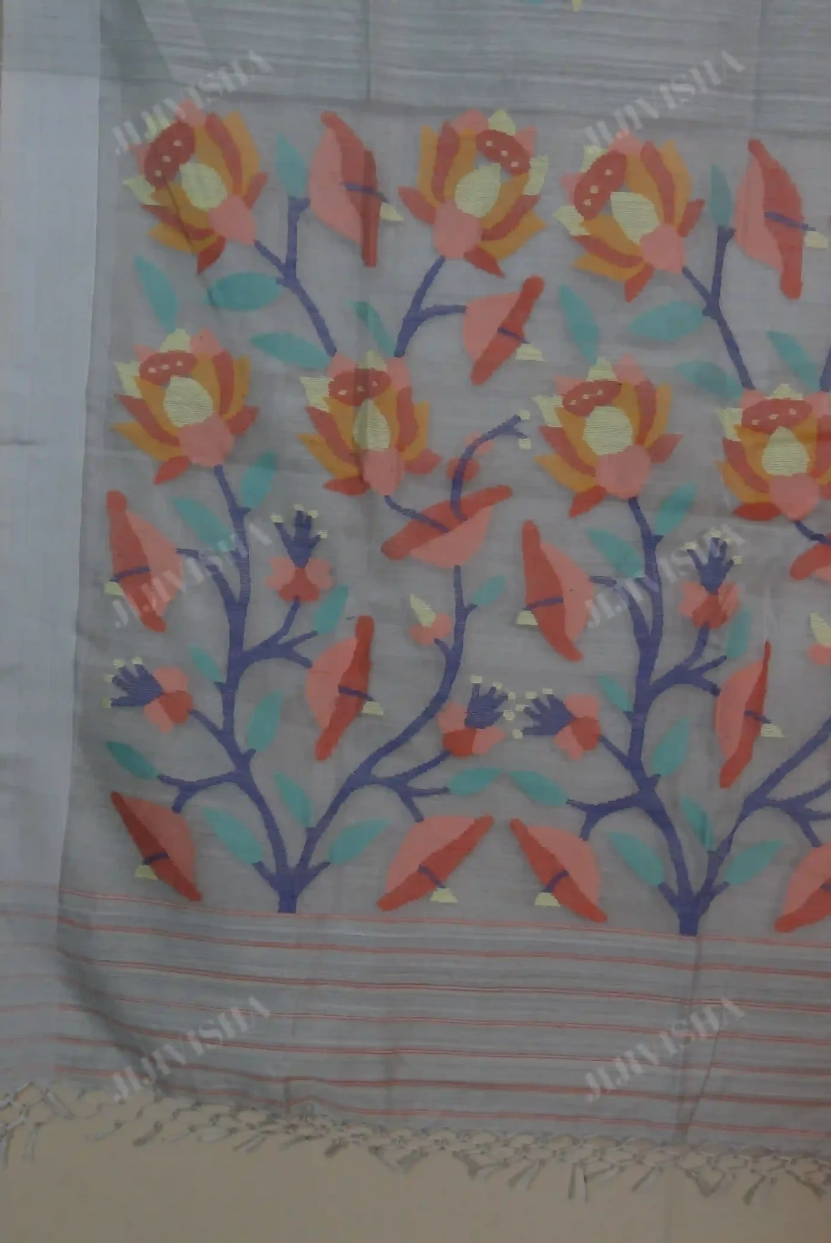 JVWSR087_4 Buy Grey Jamdani Muslin Saree Online