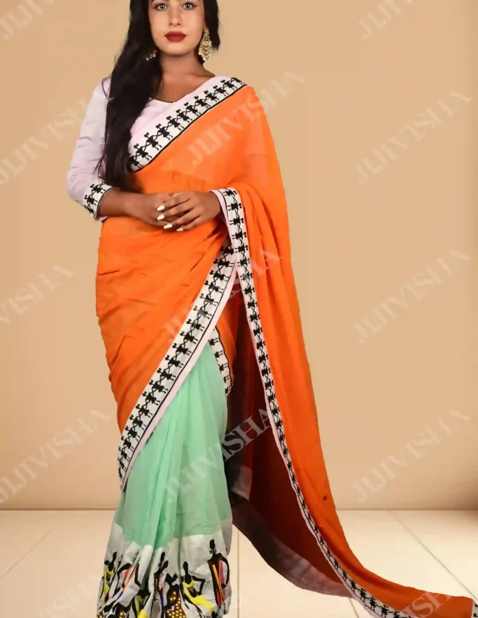 Buy Orange and Mint Green Georgette Saree Online