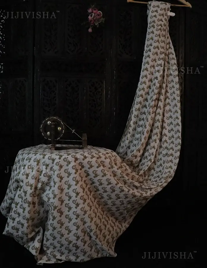 White & Light Green Tractor Hand Block Printed Fabric