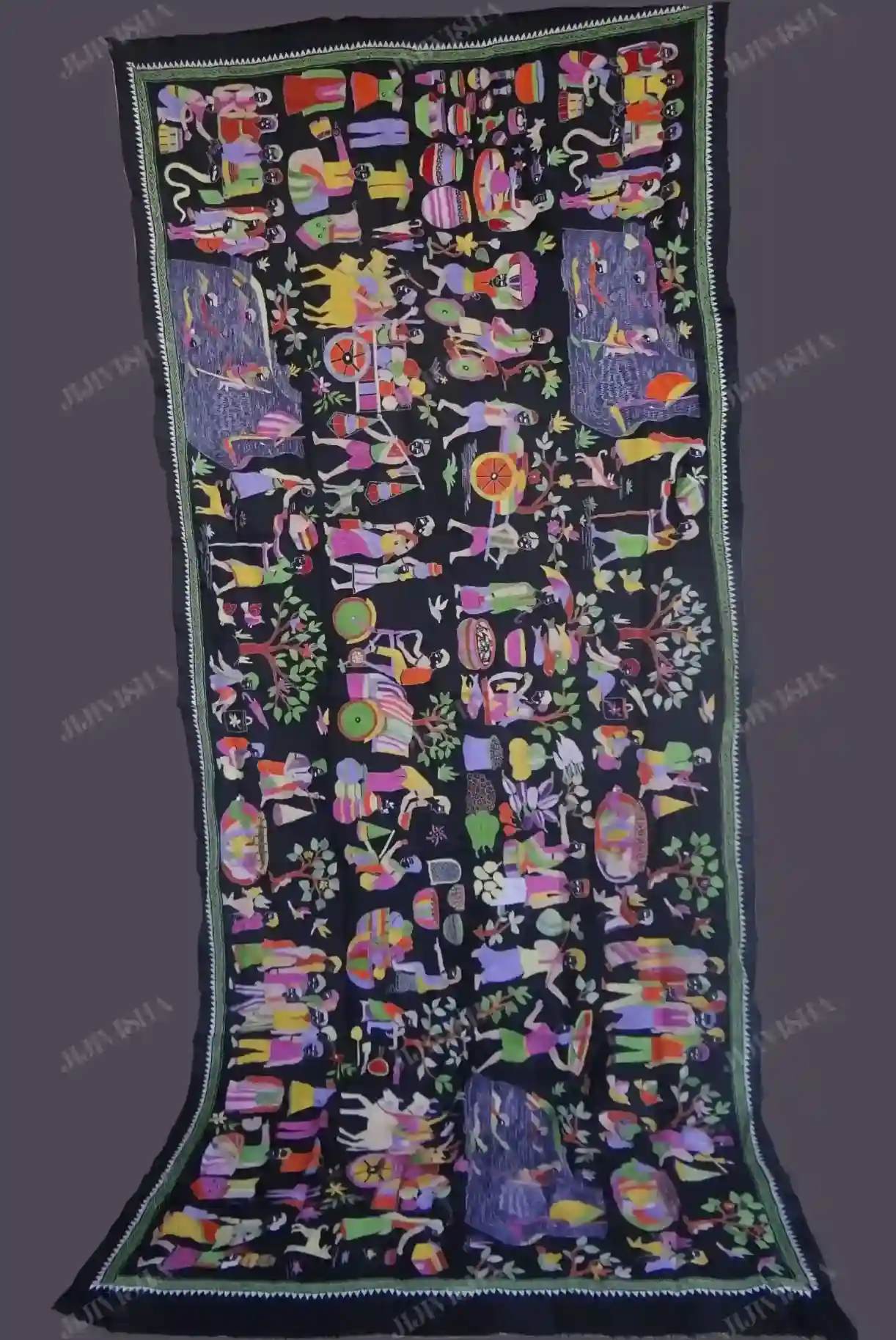 Buy Black Katan Silk Kantha Hand Embroidered Silk Dupatta Set Online