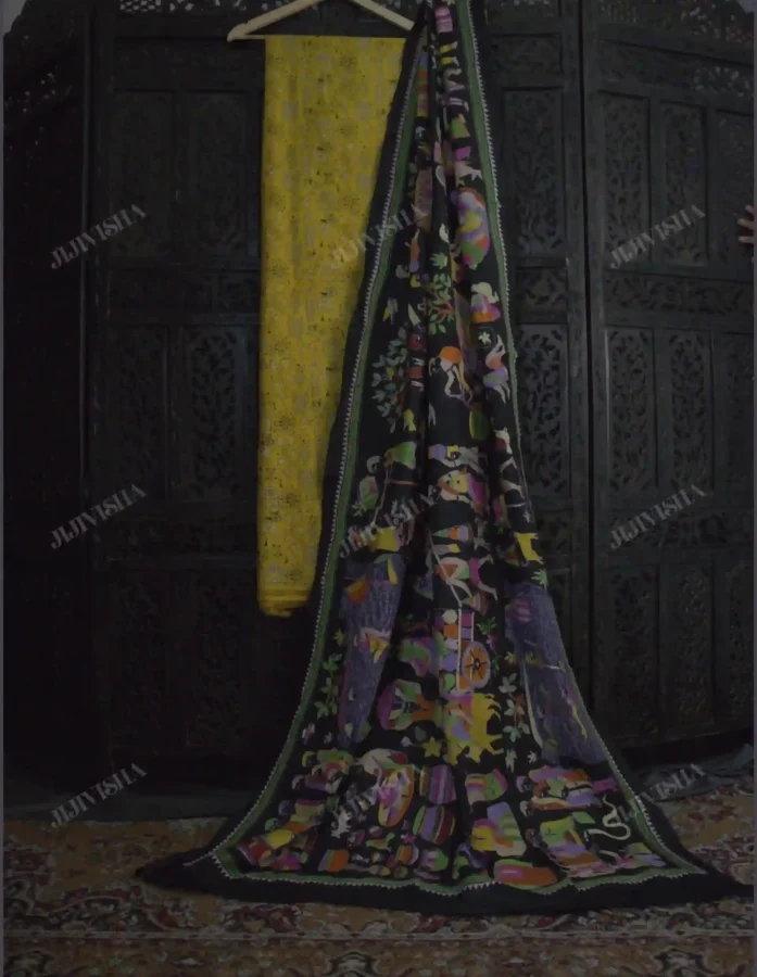 Black Katan Silk Kantha Hand Embroidered Silk Dupatta Set - Gallery Image