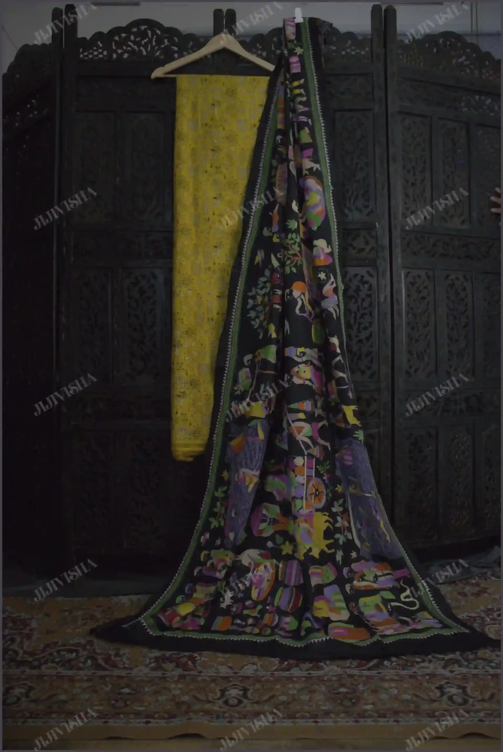 Buy Black Katan Silk Kantha Hand Embroidered Silk Dupatta Set Online