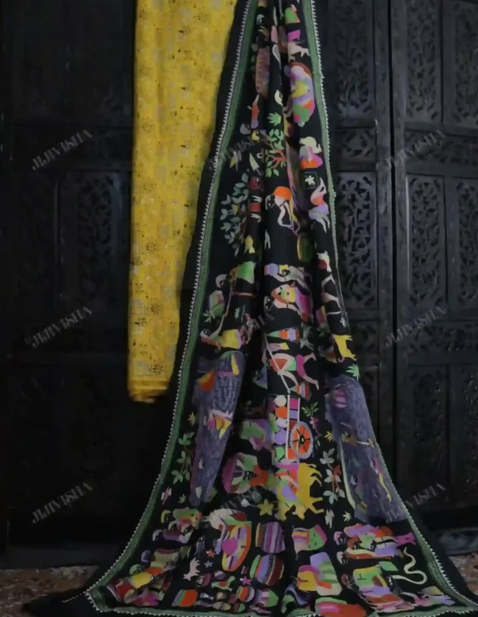 Buy Black Katan Silk Kantha Hand Embroidered Silk Dupatta Set Online