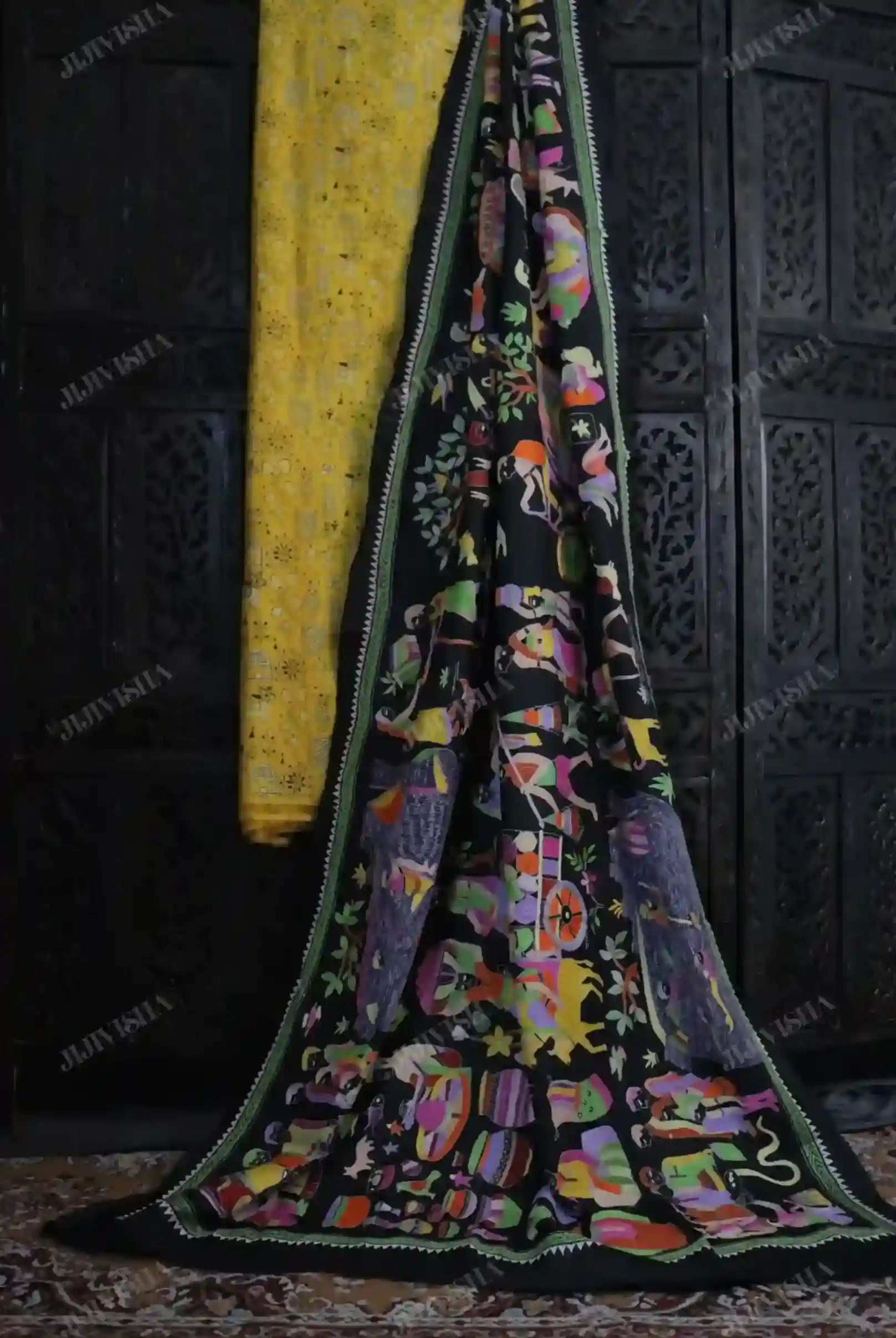 Buy Black Katan Silk Kantha Hand Embroidered Silk Dupatta Set Online