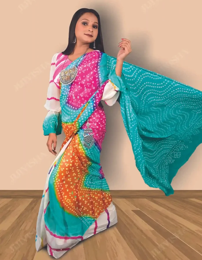 Buy Ivory & Pink Georgette Leheriya & Bandhej Saree Online