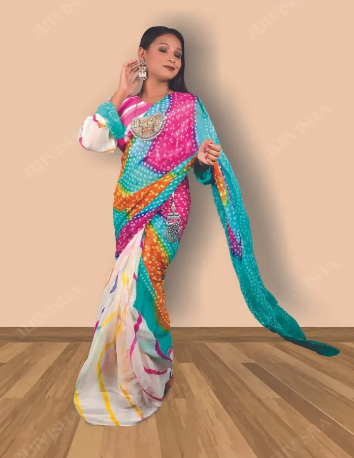 Buy Ivory & Pink Georgette Leheriya & Bandhej Saree Online