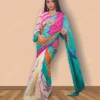 Buy Ivory & Pink Georgette Leheriya & Bandhej Saree Online