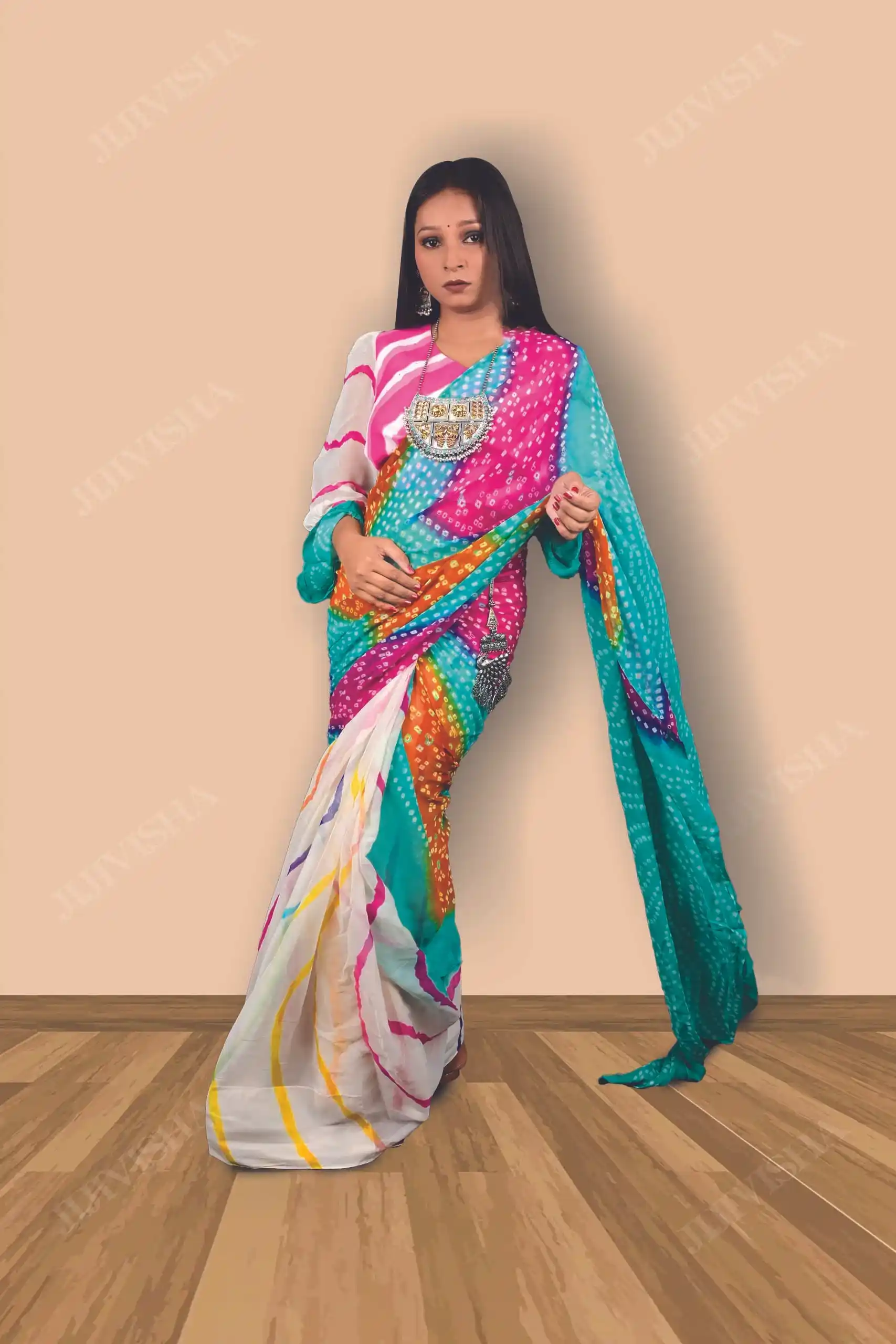 Buy Ivory & Pink Georgette Leheriya & Bandhej Saree Online