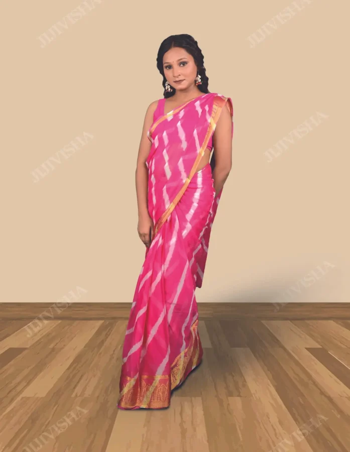 Buy Ivory & Pink Georgette Leheriya Saree Online