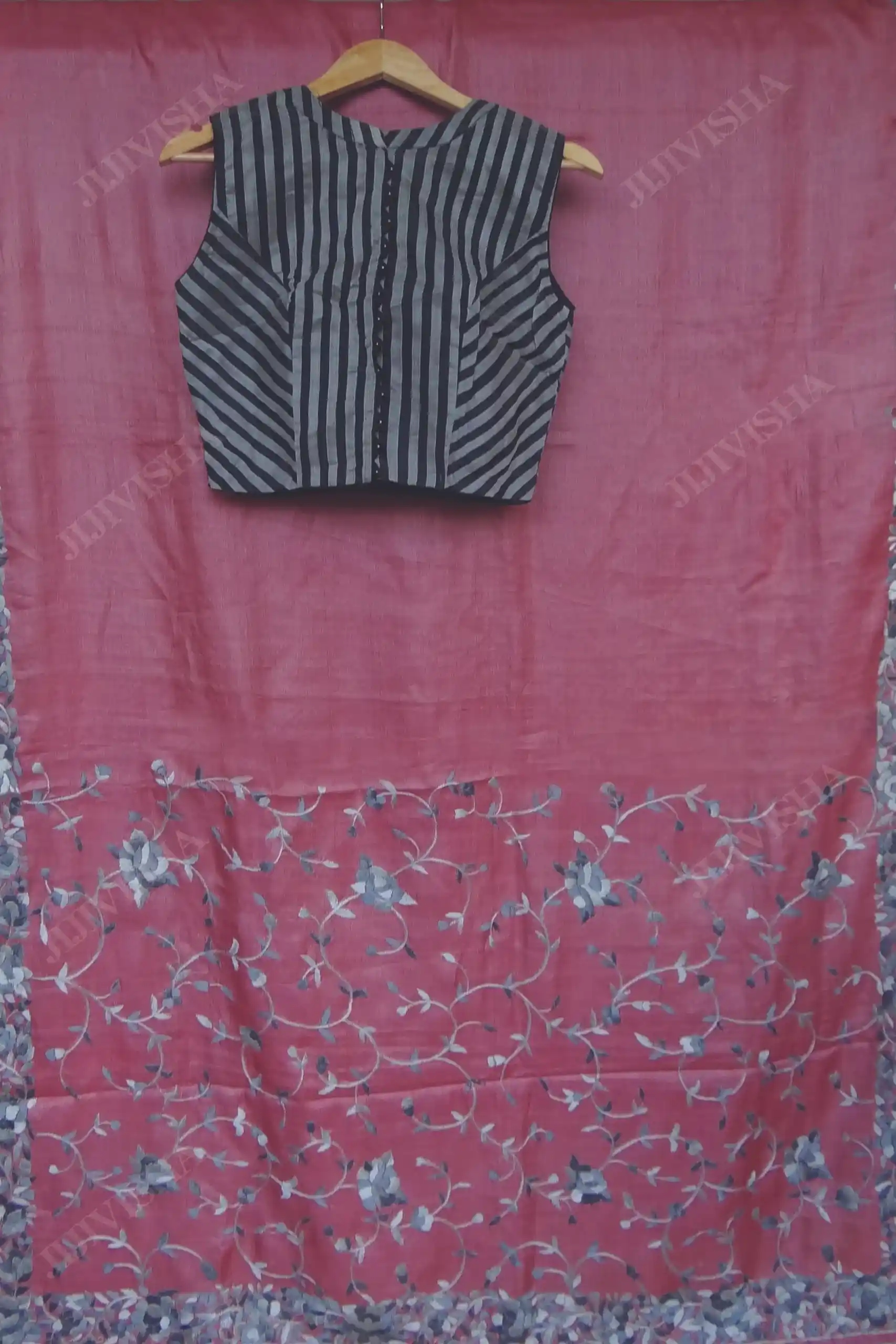 Buy Gulabi Tussar Silk Gara-Parsi Hand Embroidered Saree Online