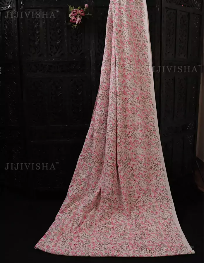 Buy Pink & Green Floral Hand Block Printed Fabric