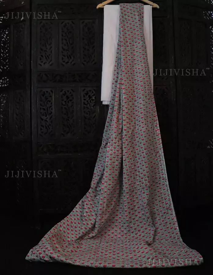 Green & Pink Lotus Hand Block Printed Cotton Fabric