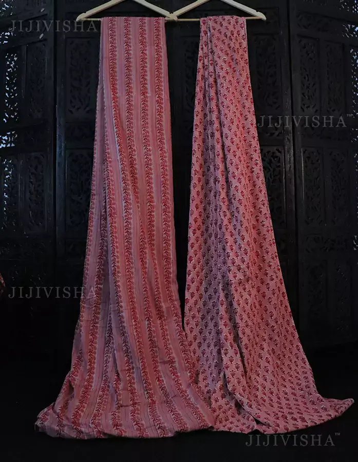 Red & Pink Floral Hand Block Printed Cotton Fabric