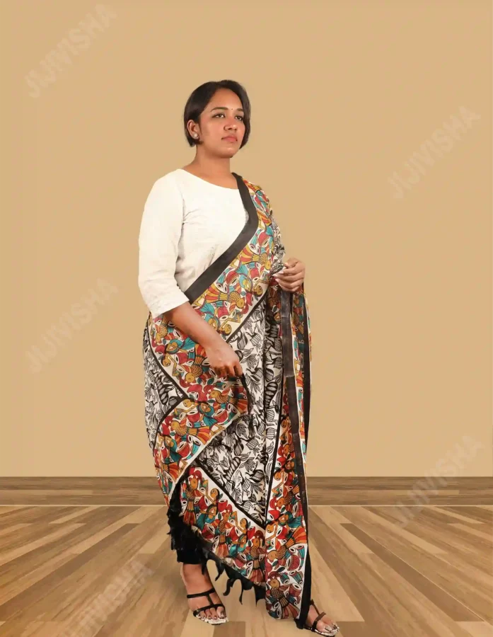 Buy black and white dupatta with multicolored border with floral print Online