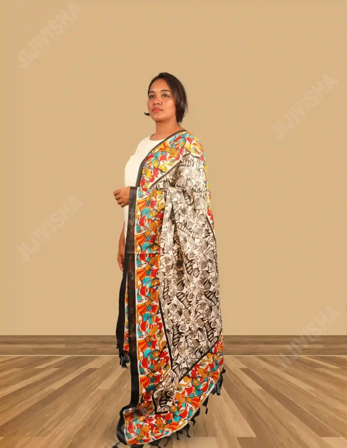 Buy black and white dupatta with multicolored border with floral print Online