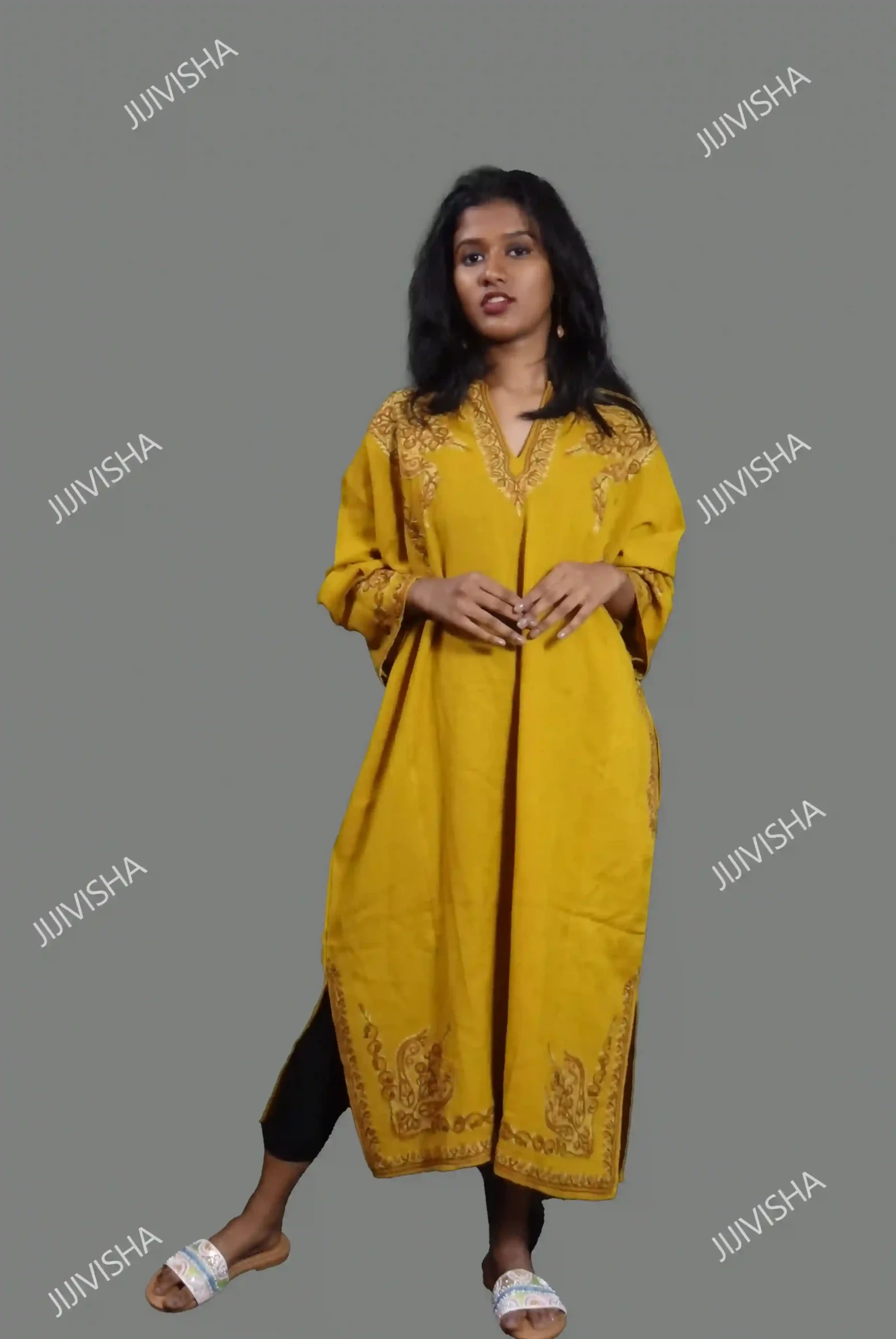 JVWAPKU029_1 Buy Exquisite Mustard Phiran With Hand Embroidery Online