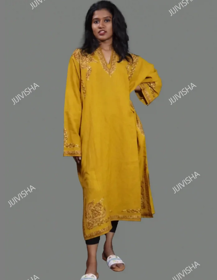 Buy Exquisite Mustard Phiran With Hand Embroidery Online
