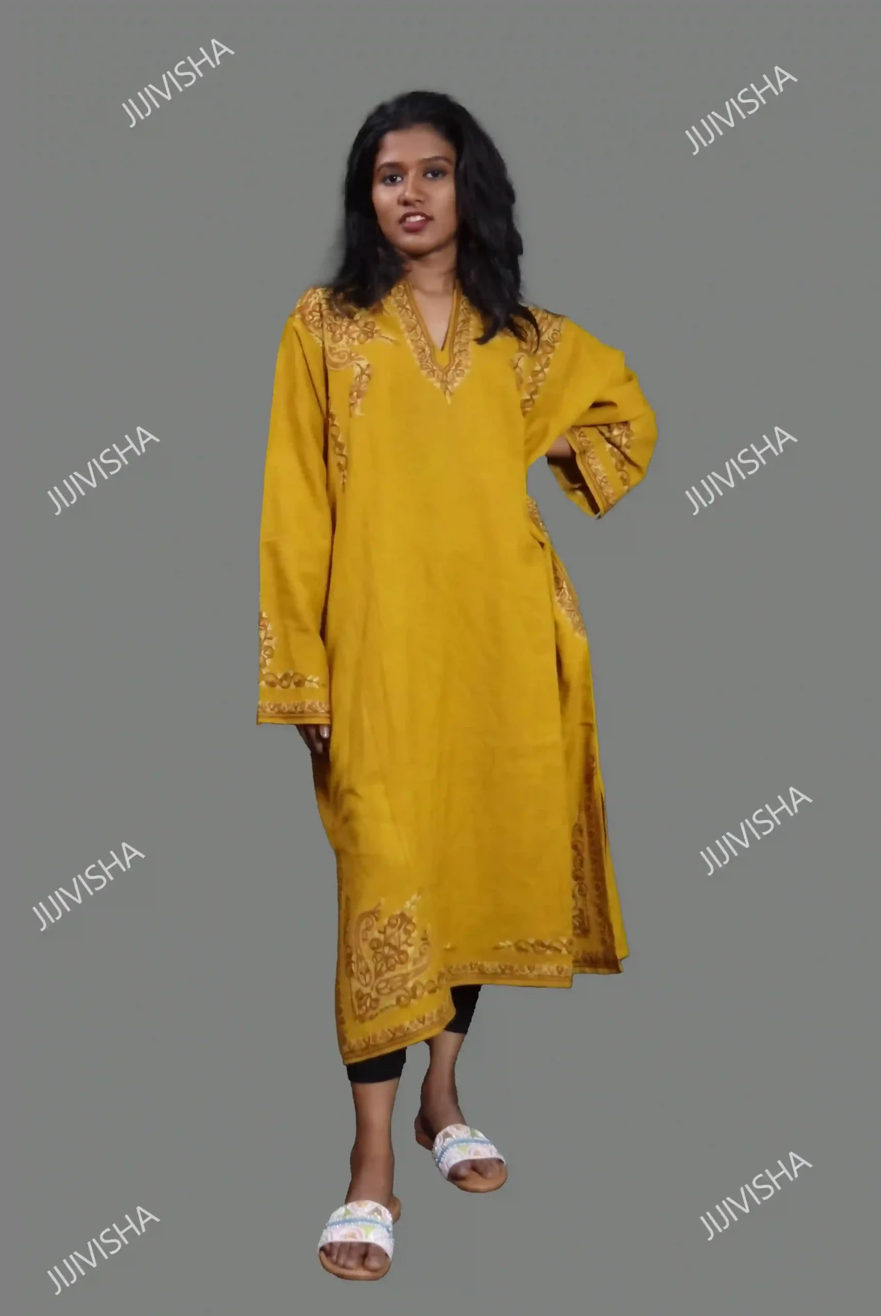 JVWAPKU029_2 Buy Exquisite Mustard Phiran With Hand Embroidery Online