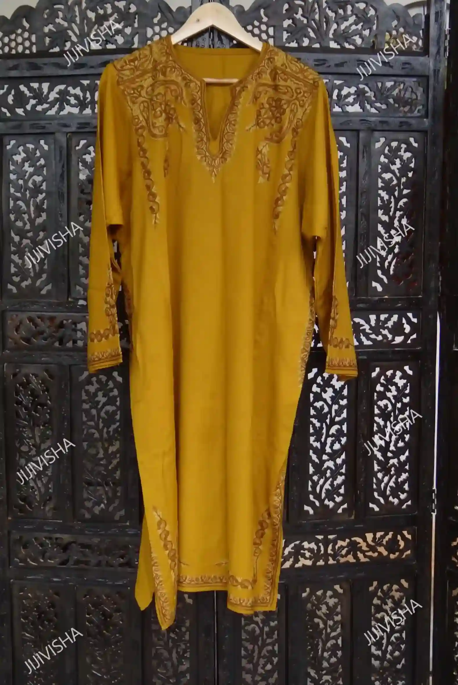 JVWAPKU029_4 Buy Exquisite Mustard Phiran With Hand Embroidery Online