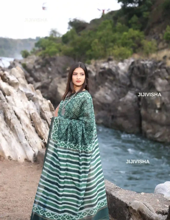 Buy Dark Green Hand Block Printed Silk Saree Online