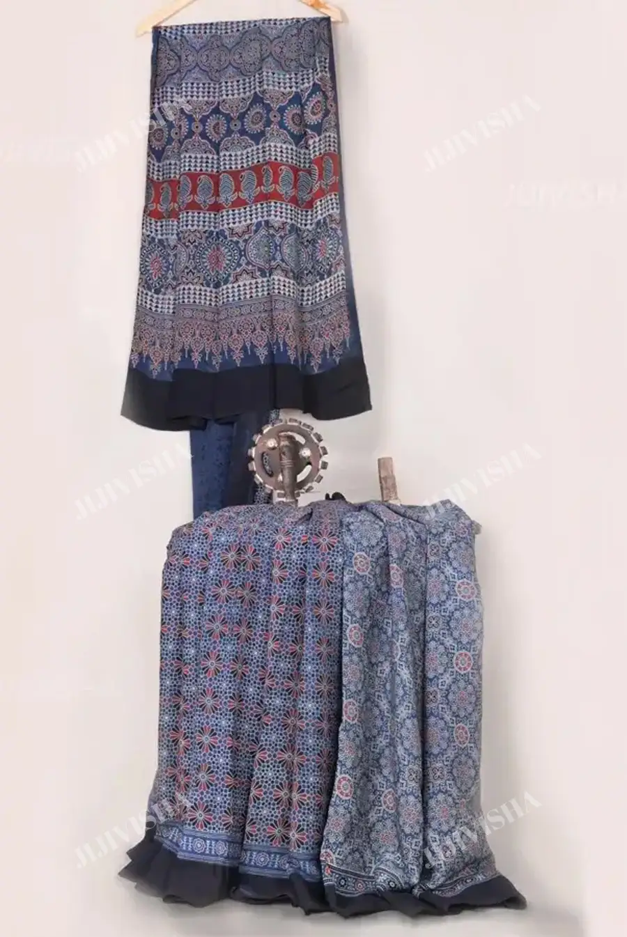 Buy Blue and Maroon Ajrakh Hand Block Printed Silk Saree Online