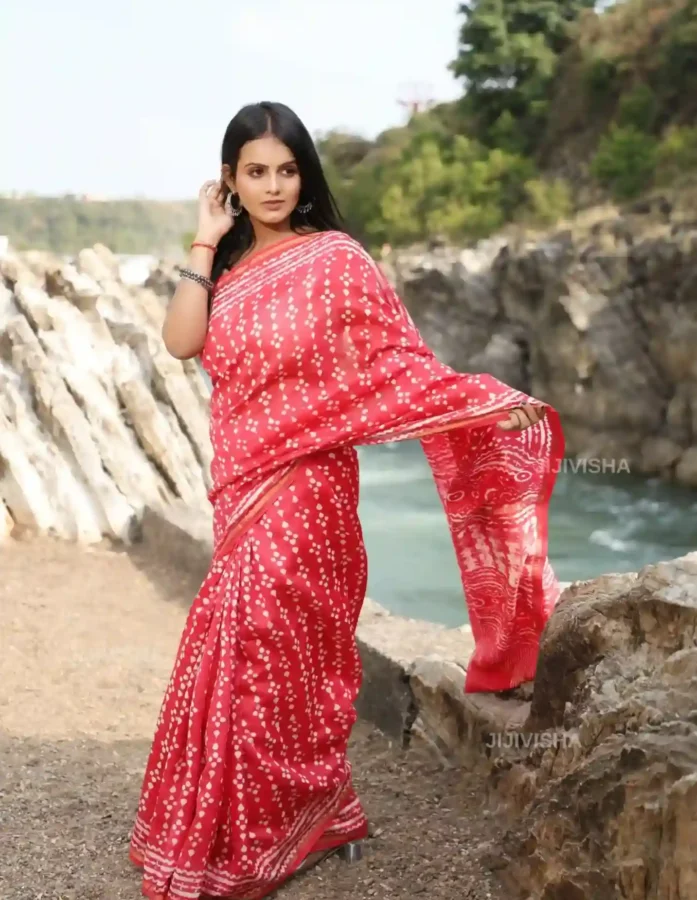 Buy Pink and White Chanderi Silk Saree with Hand Block Print Online