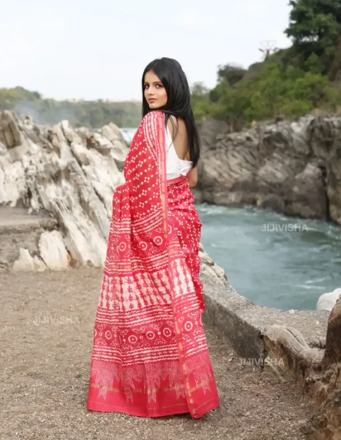 Buy Pink and White Chanderi Silk Saree with Hand Block Print Online