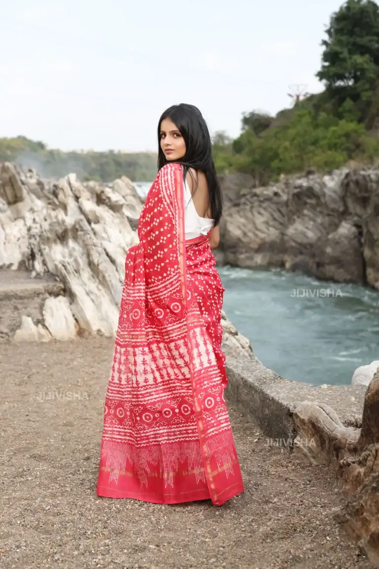 JVWSR129_2 Buy Pink and White Chanderi Silk Saree with Hand Block Print Online