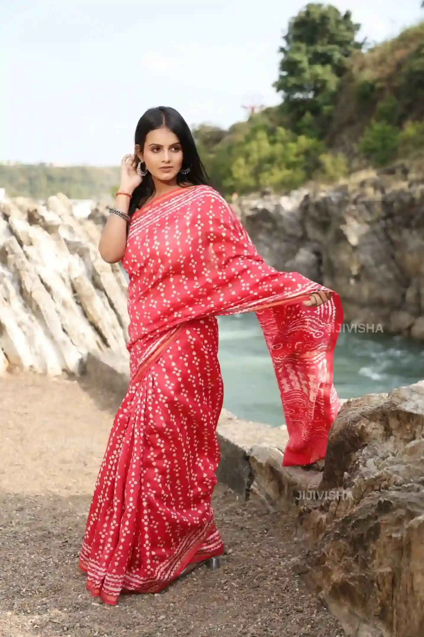 JVWSR129_5 Buy Pink and White Chanderi Silk Saree with Hand Block Print Online