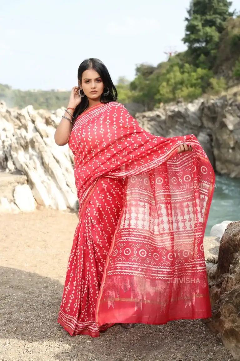 JVWSR129_6 Buy Pink and White Chanderi Silk Saree with Hand Block Print Online