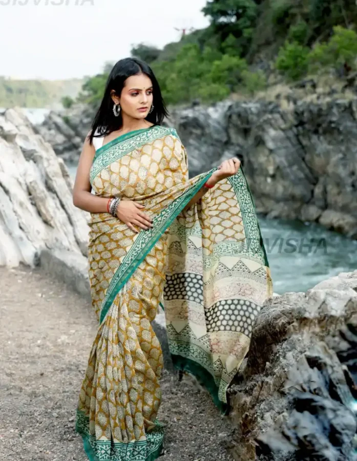 Buy Ocher Yellow & Green Hand Block Printed Chanderi Silk Saree Online