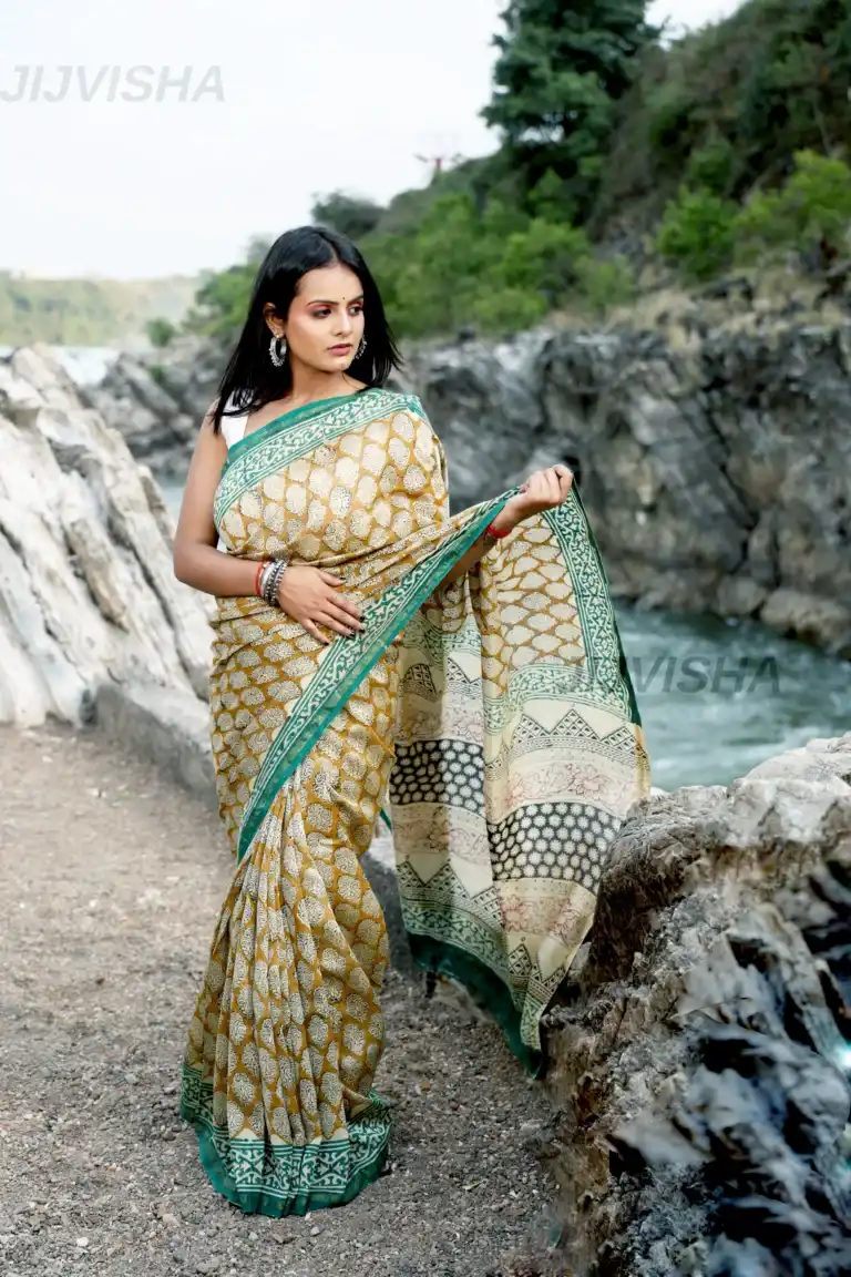 JVWSR131_1 Buy Ocher Yellow & Green Hand Block Printed Chanderi Silk Saree Online