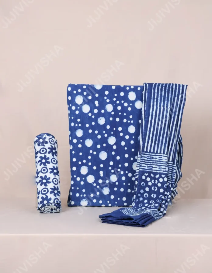Buy Indigo Bliss White Polka Dot Hand Block Print Dress Material with Dupatta Online