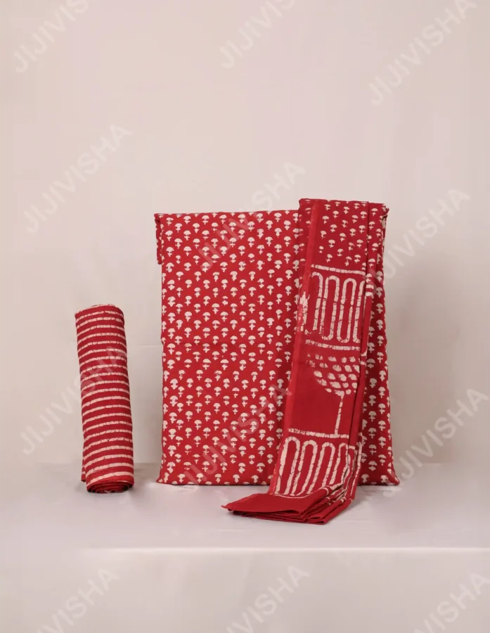 Buy Crimson Glow White Diya Motif Hand Block Print Cotton Dress Material with Dupatta Online