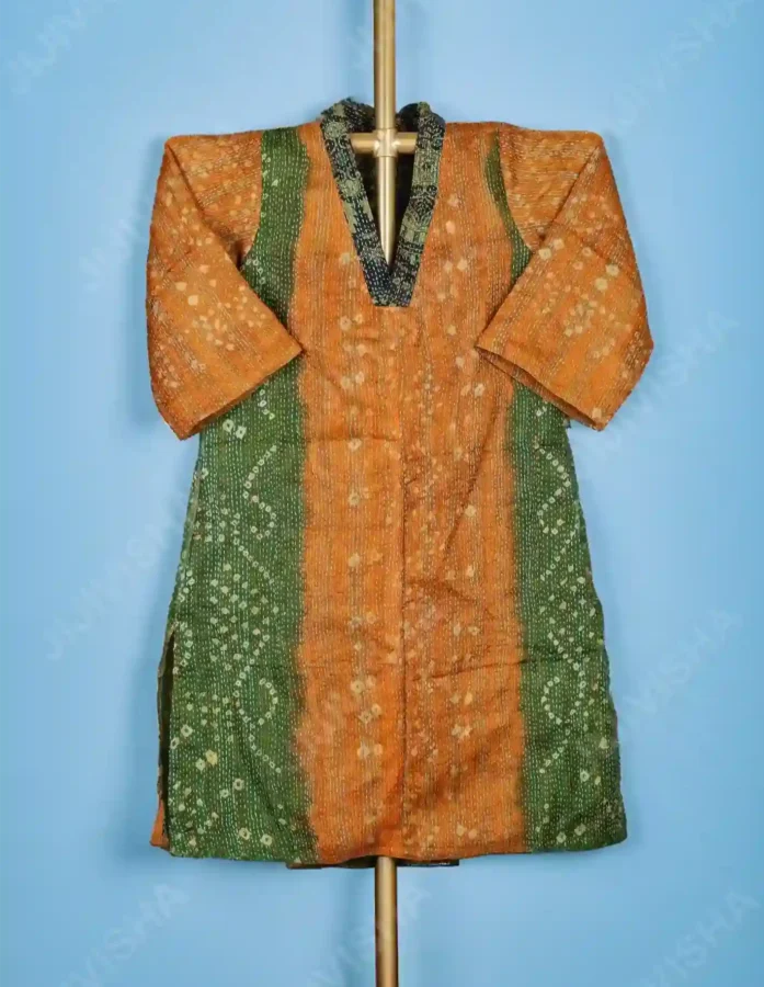 Buy Deep Moss and Tangerine Silk Hand Block Print Short Kurta Online