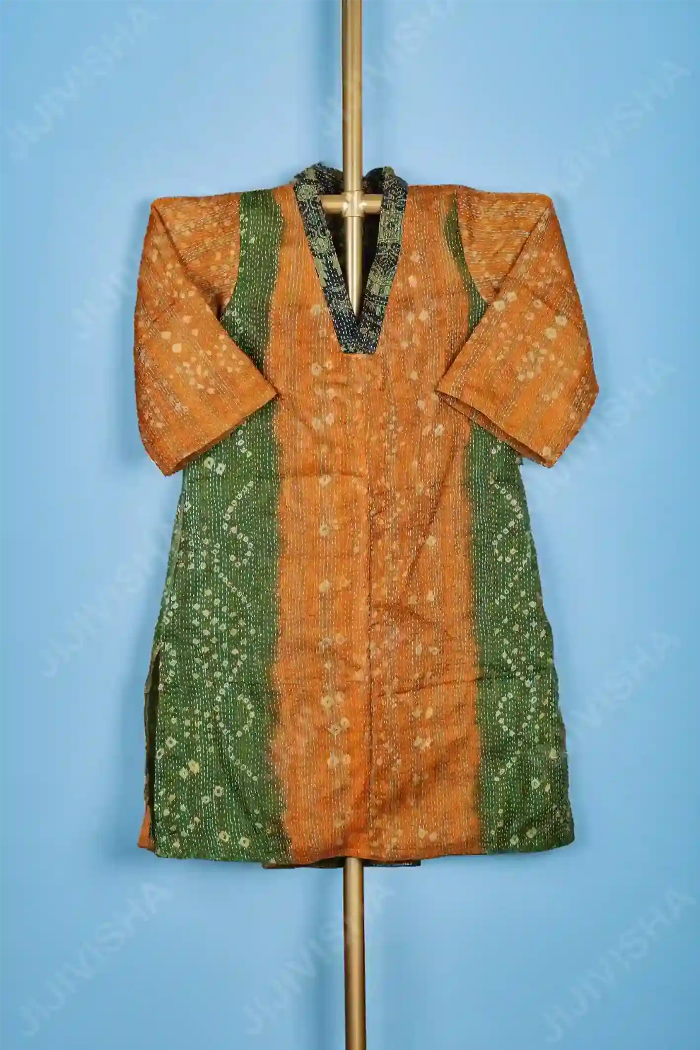 Buy Deep Moss and Tangerine Silk Hand Block Print Short Kurta Online