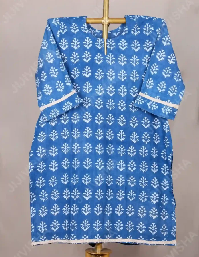 Buy Neel Vruksha Hand Block Print Cotton Kurta with Chandi Lace Online