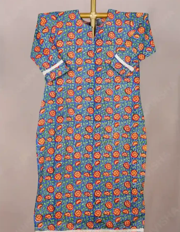 Buy Aqua Rose Hand Block Print Cotton Kurta Online