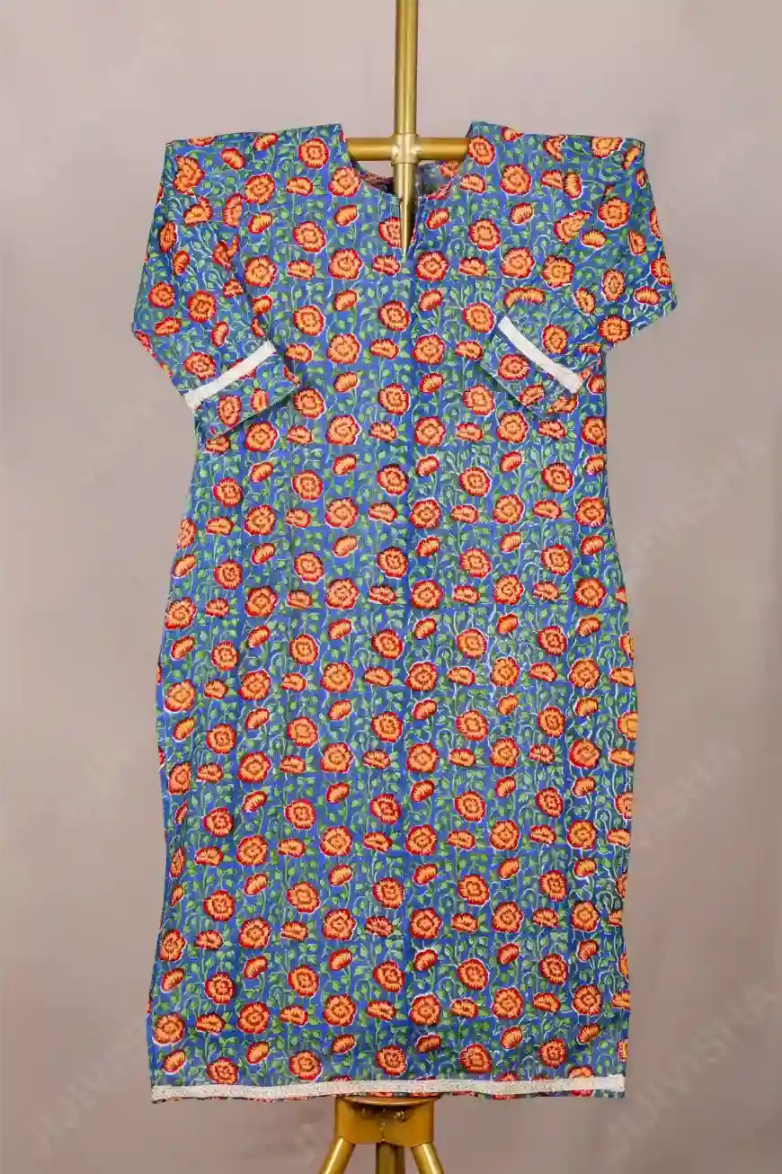 Buy Aqua Rose Hand Block Print Cotton Kurta Online