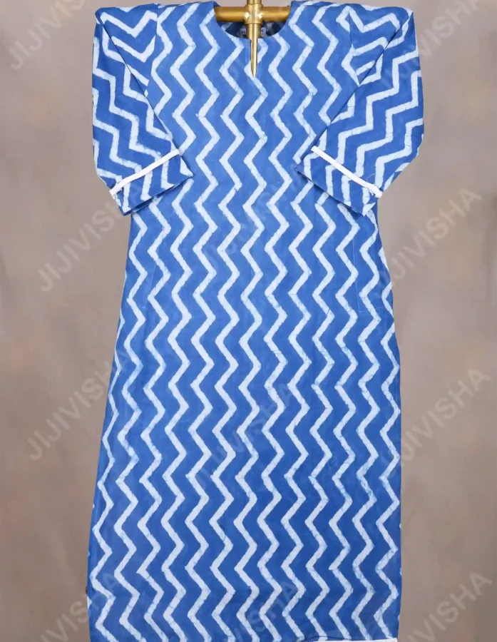 Buy Navy Wave Hand Block Print Cotton Kurta Online