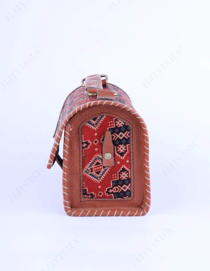 Scarlet Skyline Ajrakh Print Leather Handbag - Gallery Image