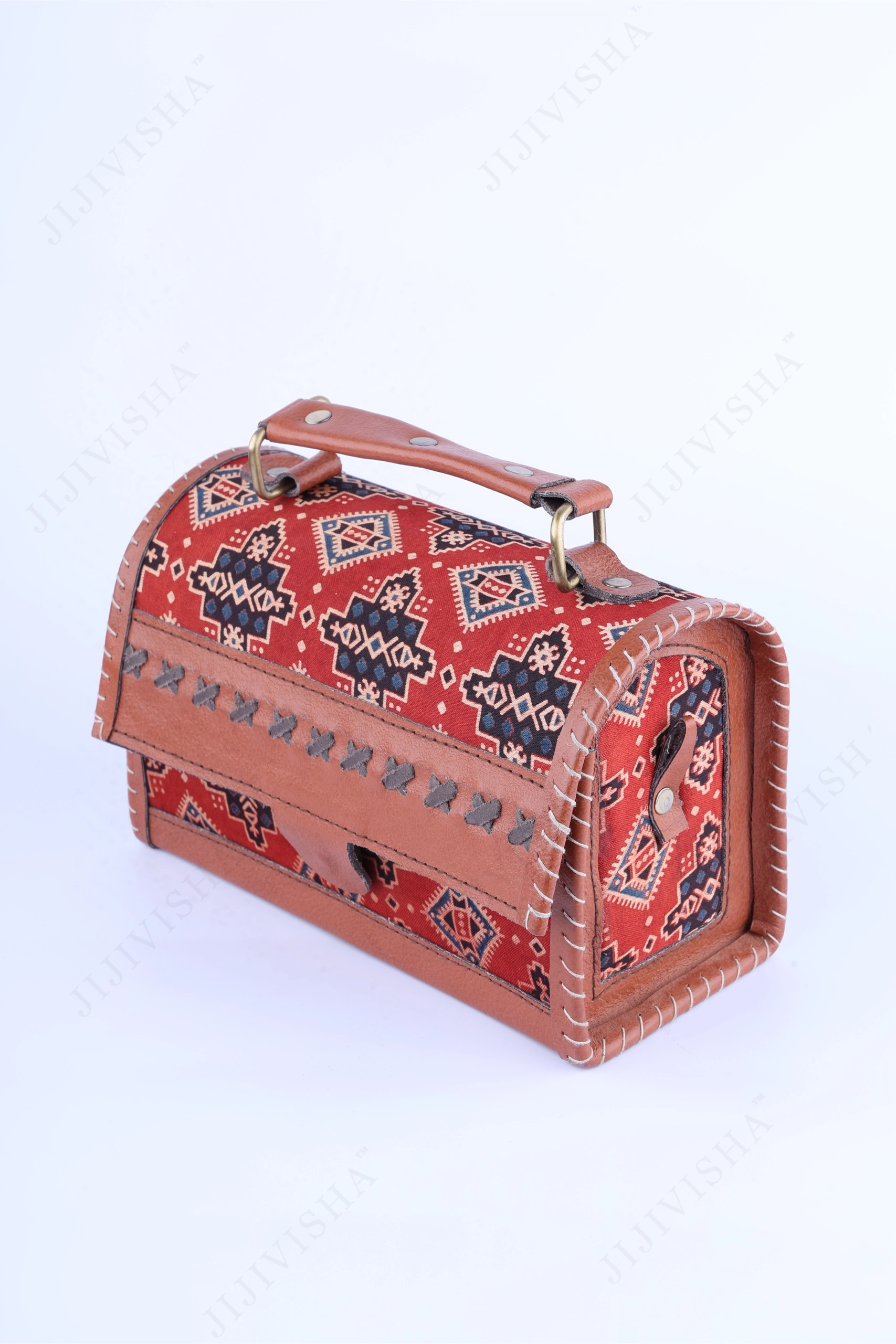 Buy Scarlet Skyline Ajrakh Print Leather Handbag