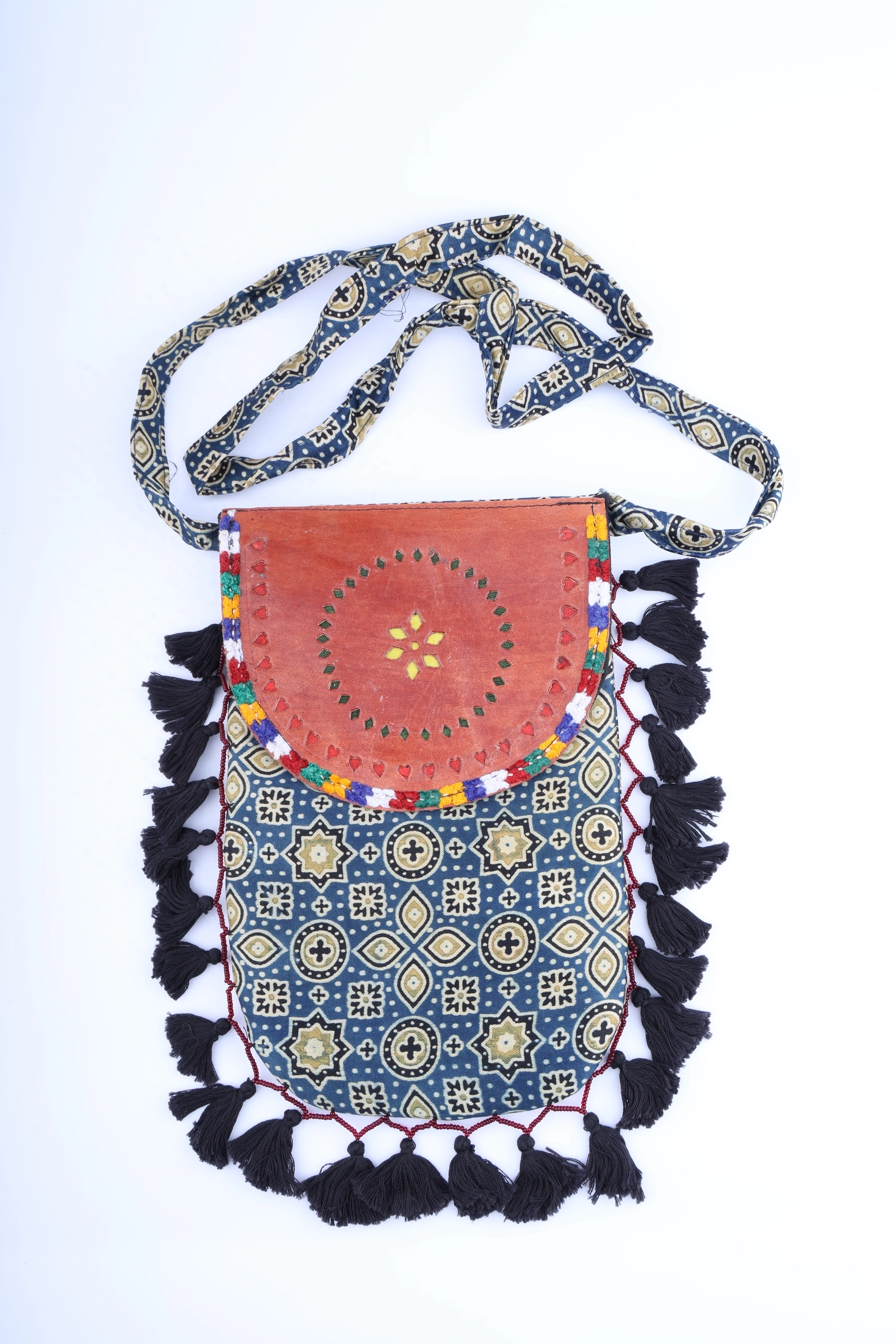 Buy Neelabja Ajrakh Print Modal Silk Sling Bag with Kala Lata Tassel