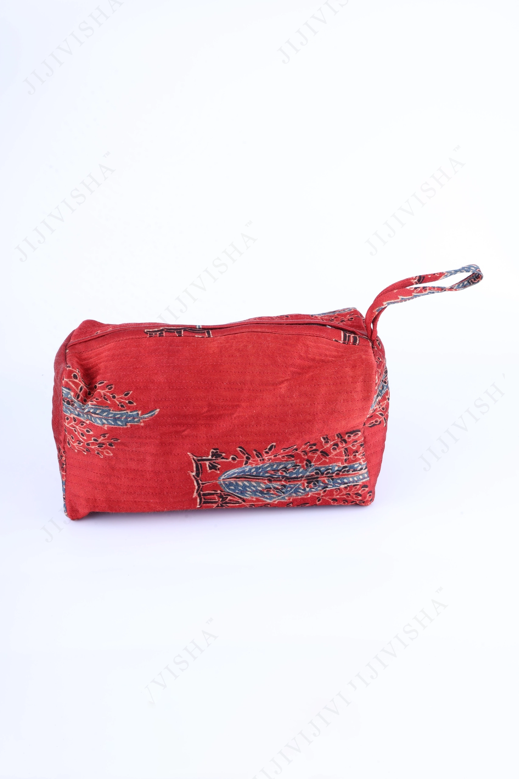 Buy Red Modal Silk Base adorned with the Mystique of Blue Ajrakh Print Pouch